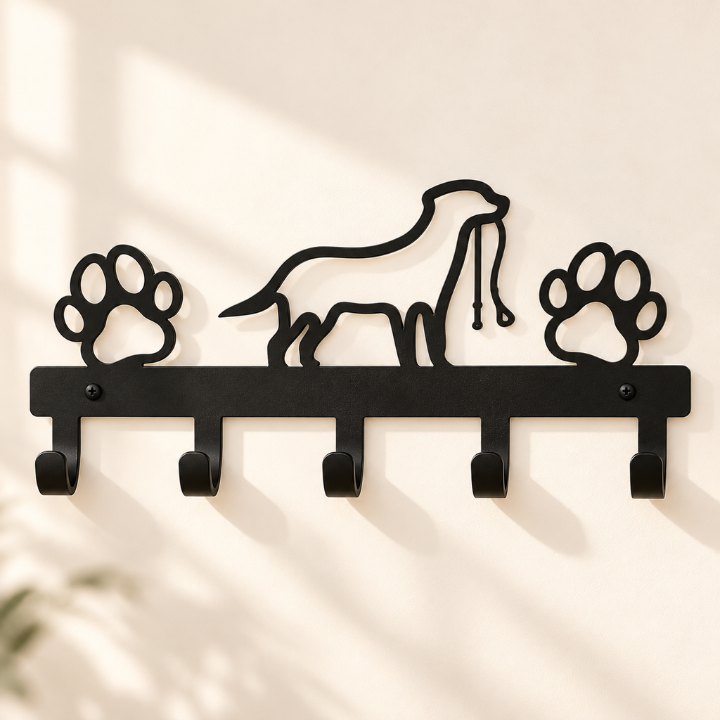 Dog Lead Holder – 5-Hook Metal Wall Rack with Paw Prints - TillyPaw
