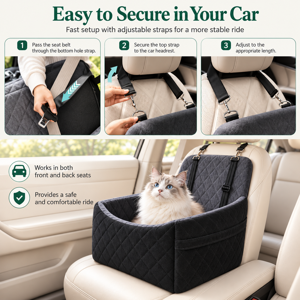Dog & Cat Car Booster Seat – Travel Bed with Straps - TillyPaw
