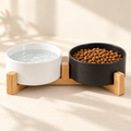 Ceramic Double Cat Bowl Set – Wooden Stand, 400ml Bowls - TillyPaw