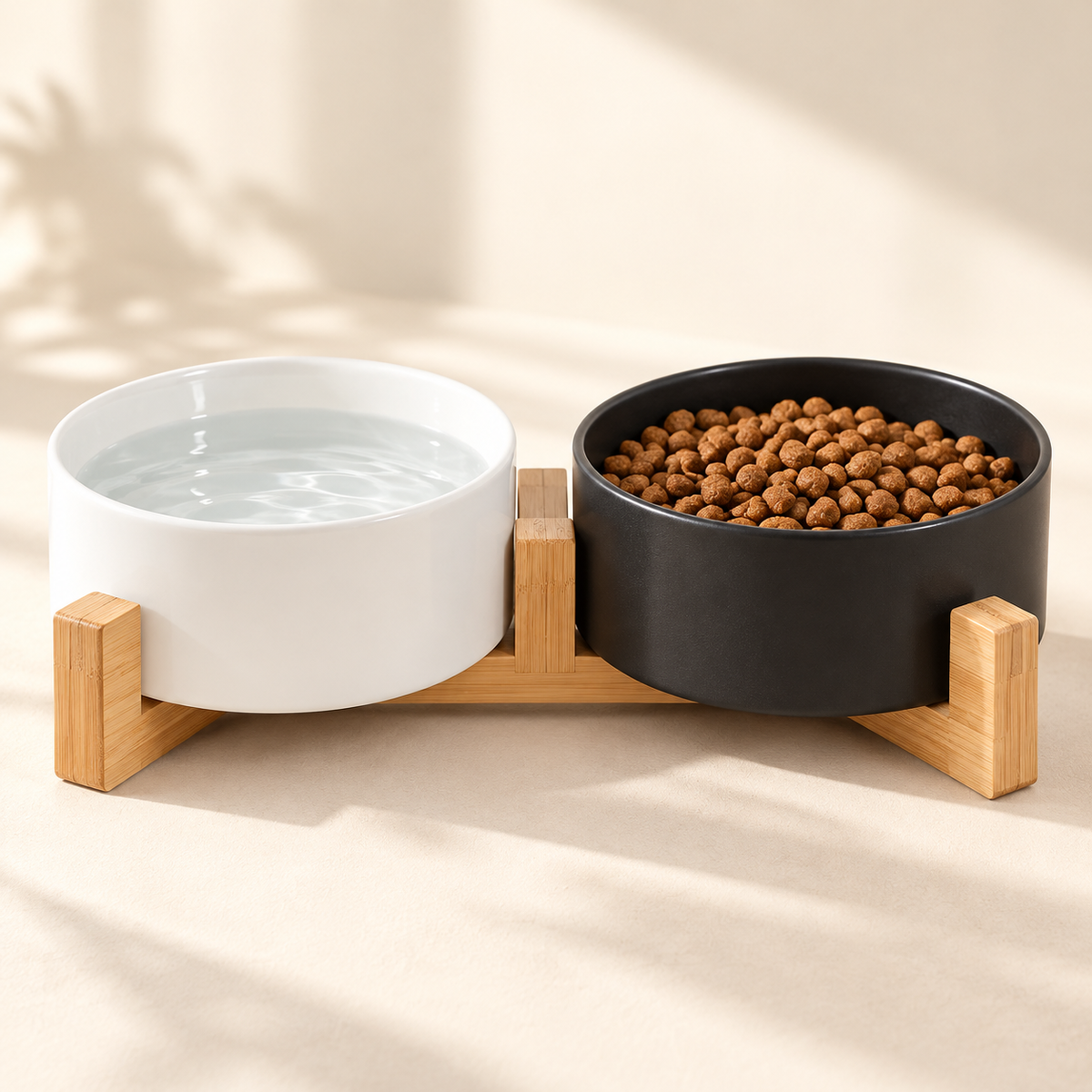 Ceramic Double Cat Bowl Set – Wooden Stand, 400ml Bowls - TillyPaw