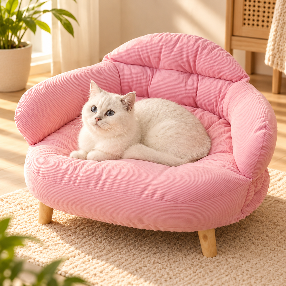 Pet Sofa Bed with Wooden Legs – Soft Ribbed Lounger - TillyPaw