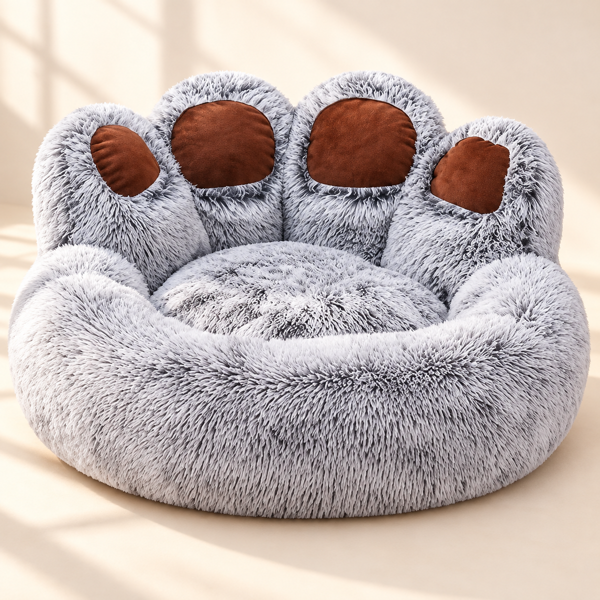 Paw Print Pet Bed – Long-Haired Round Nest for Dogs & Cats - TillyPaw