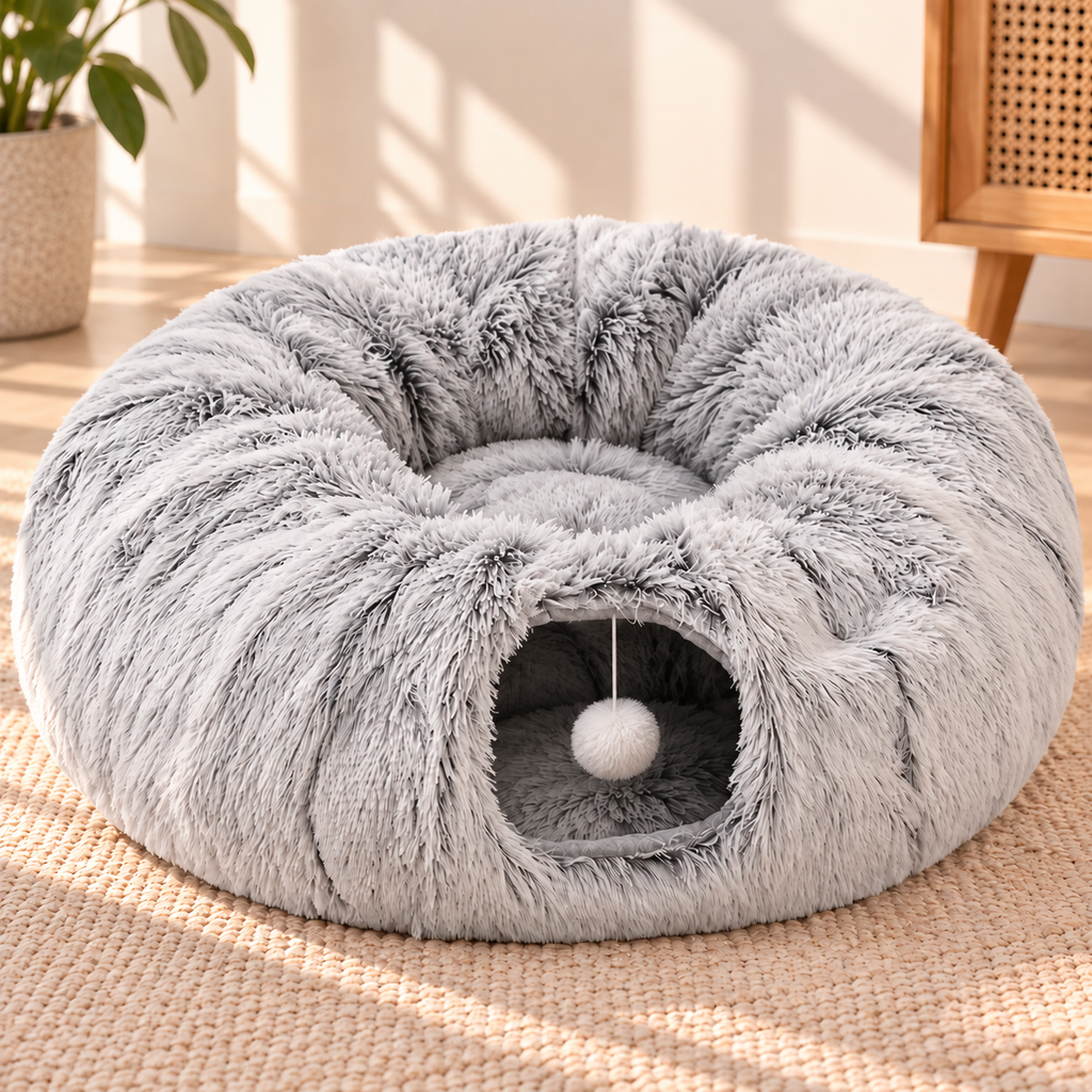 Cat Tunnel Bed – Plush Mat & Washable Bedding - TillyPaw