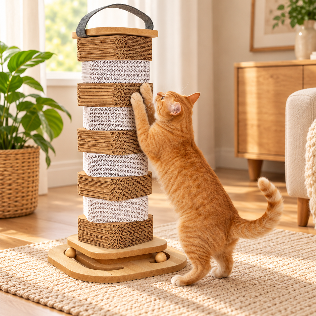 Rotating Cat Scratching Post 62cm – Cardboard & Sisal Tower - TillyPaw