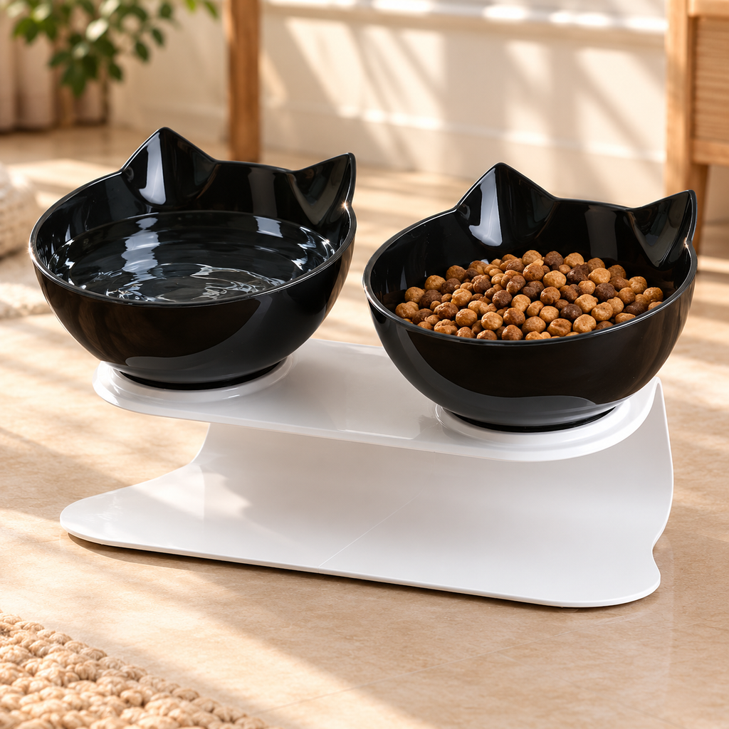 Raised Double Cat Bowl – Tilted Cat-Ear Feeding Bowls - TillyPaw