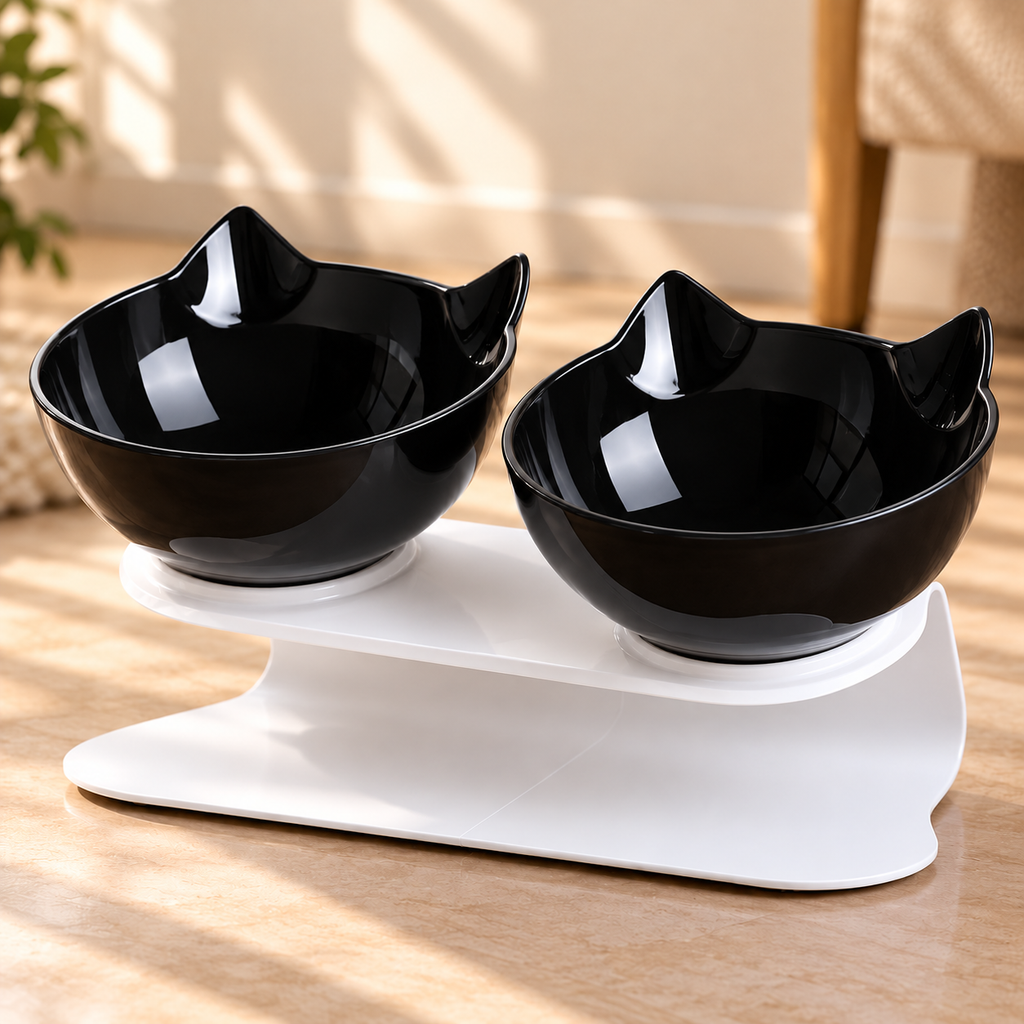 Raised Double Cat Bowl – Tilted Cat-Ear Feeding Bowls - TillyPaw