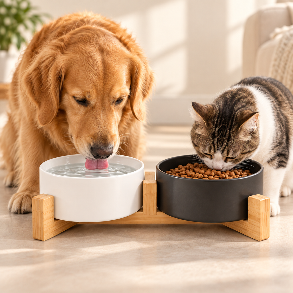 Ceramic Double Cat Bowl Set – Wooden Stand, 400ml Bowls - TillyPaw