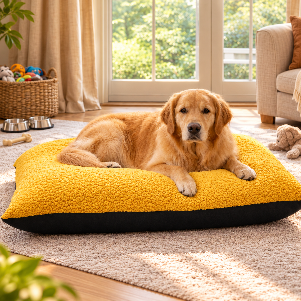 Dog Bed Cushion with Zip Cover – Mustard Fleece - TillyPaw