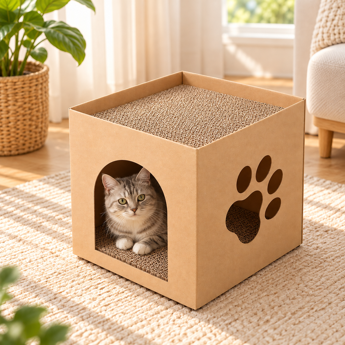 Cardboard Cat House – Scratcher Box with Paw Cut-Outs 30cm - TillyPaw
