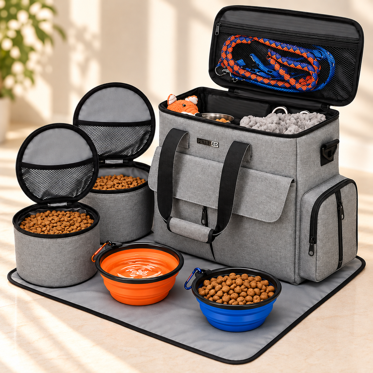 Pet Travel Bag Set – 5-Piece Tote with Food Containers - TillyPaw