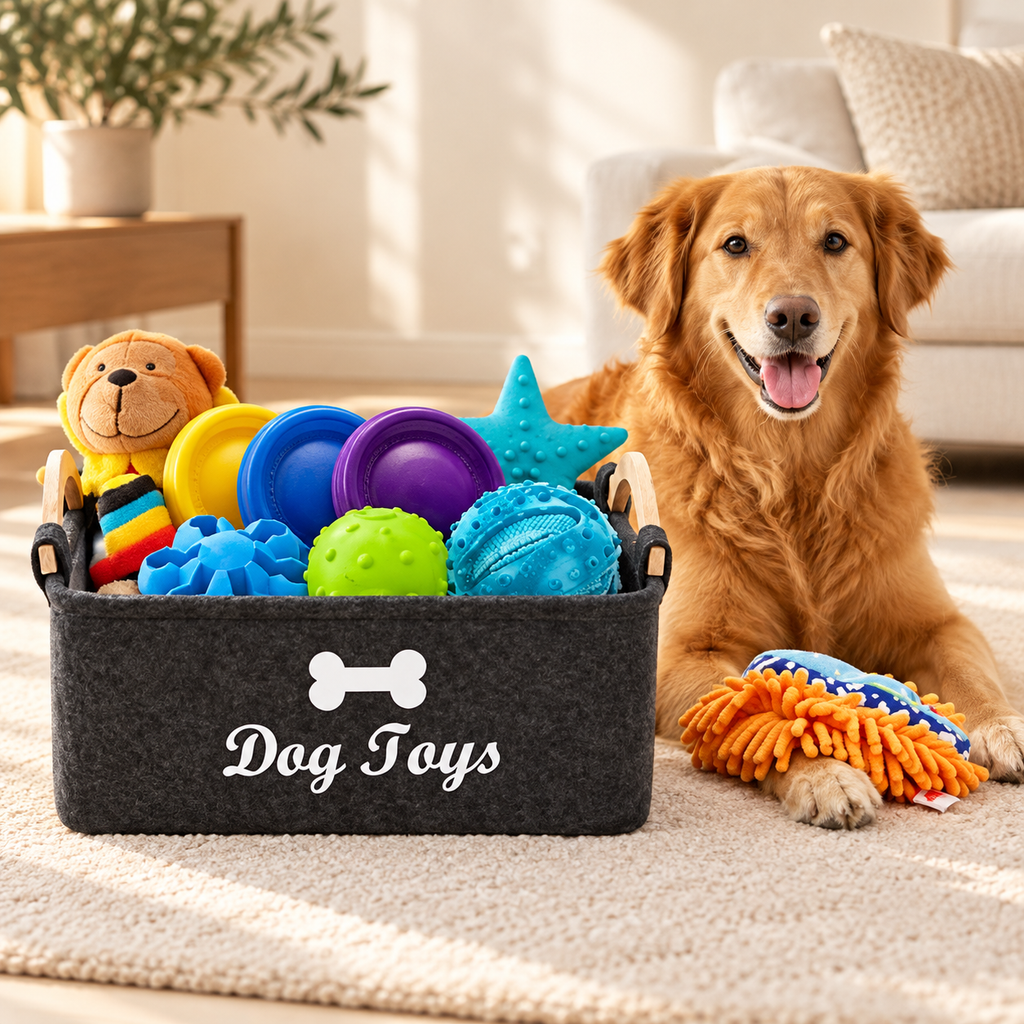 Felt Dog Toy Storage Basket – Wooden Handles, Bone Print - TillyPaw