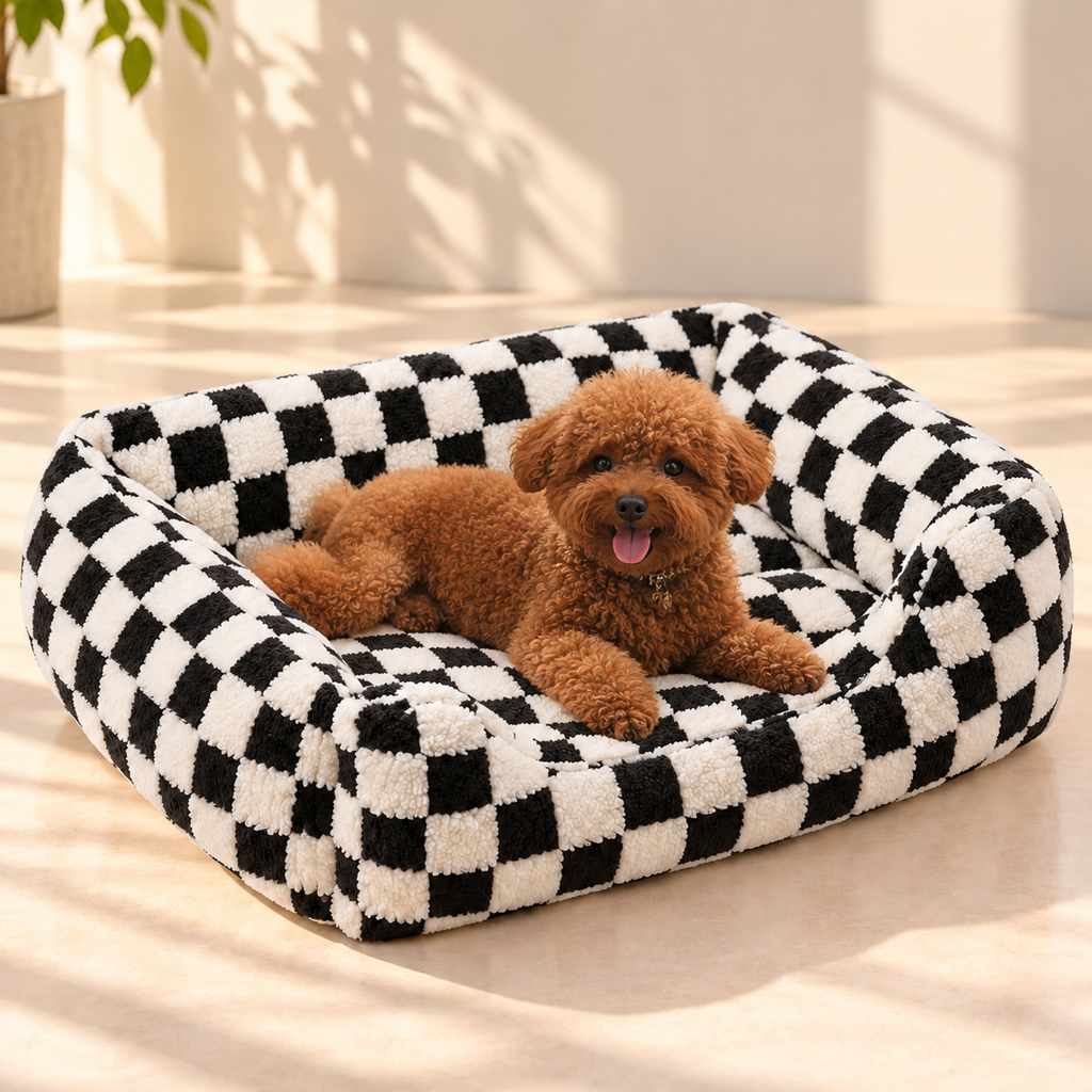 Check Pattern Dog & Cat Bed – Plush Cushioned Interior - TillyPaw