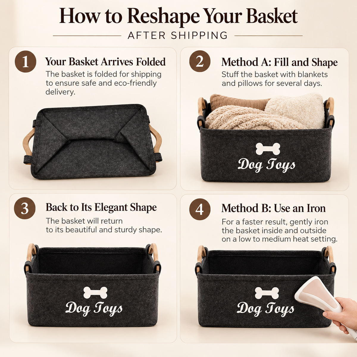 Felt Dog Toy Storage Basket – Wooden Handles, Bone Print - TillyPaw