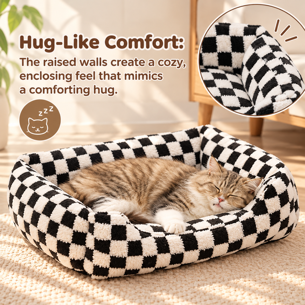Check Pattern Dog & Cat Bed – Plush Cushioned Interior - TillyPaw