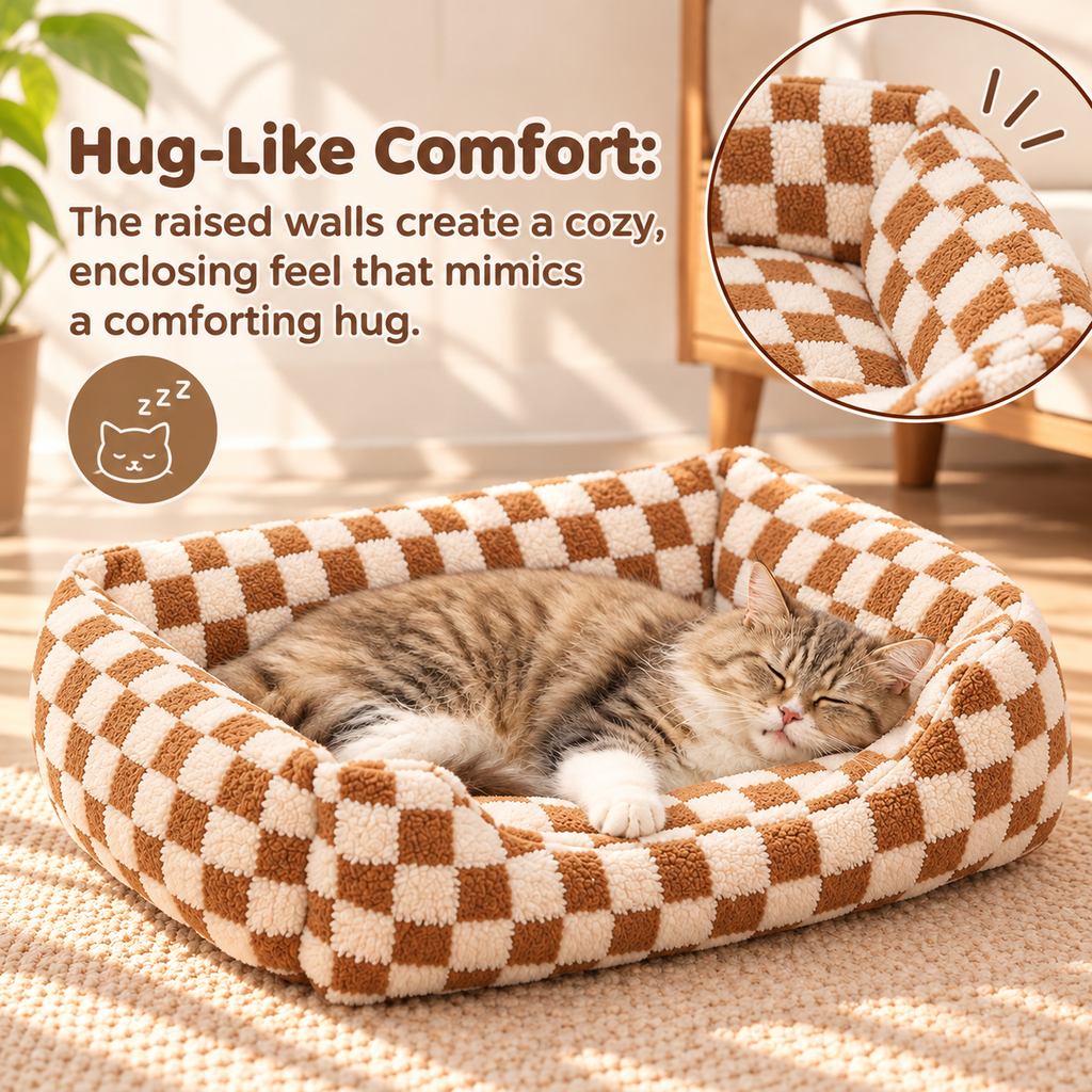Check Pattern Dog & Cat Bed – Plush Cushioned Interior - TillyPaw