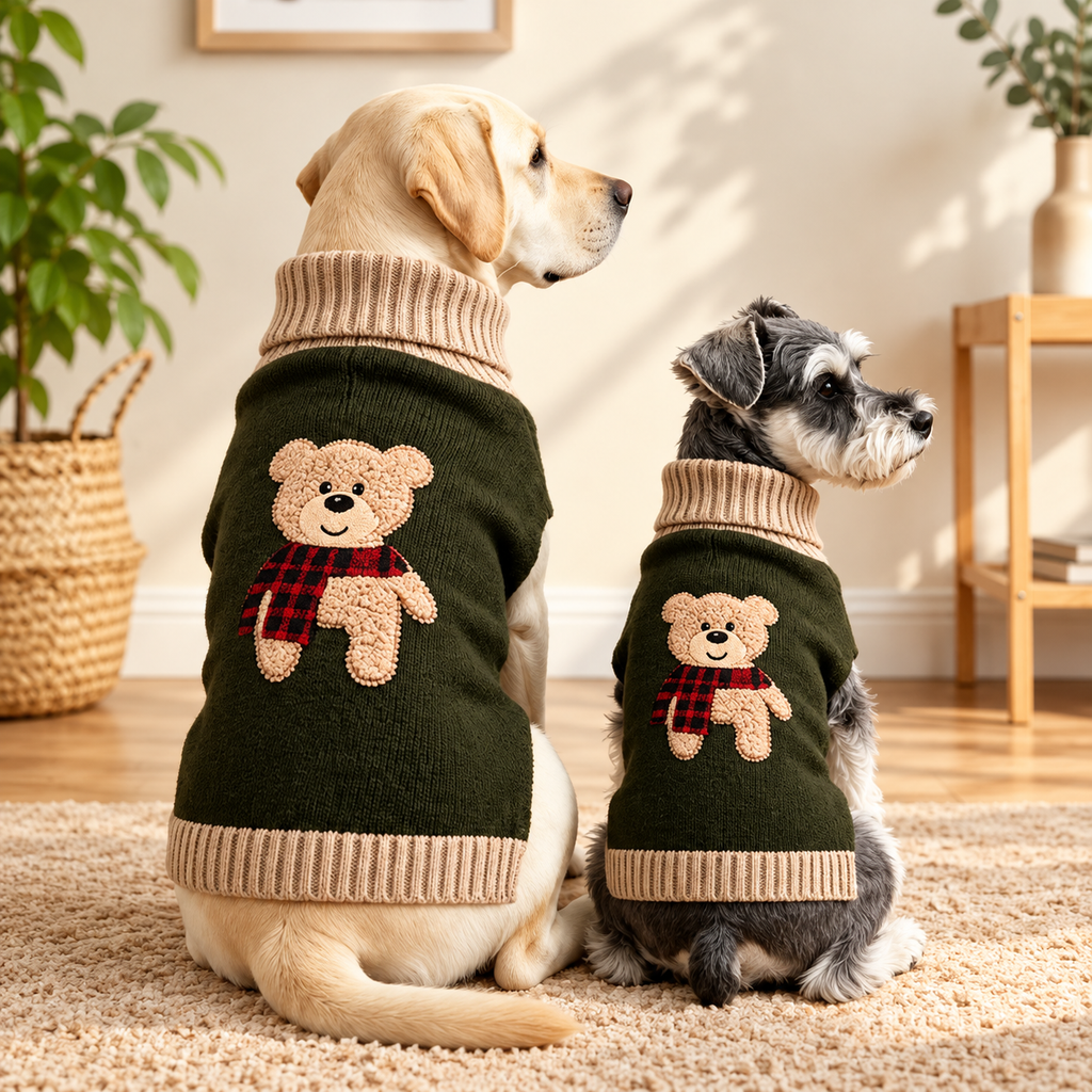 Bear Knit Dog Jumper – Olive Turtleneck Sweater for Dogs - TillyPaw