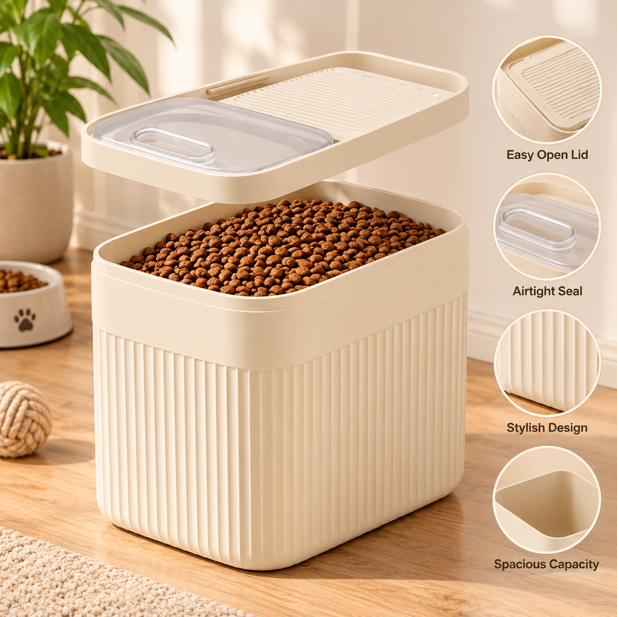 Pet Food Storage Bin – Cream Container with Viewing Window - TillyPaw