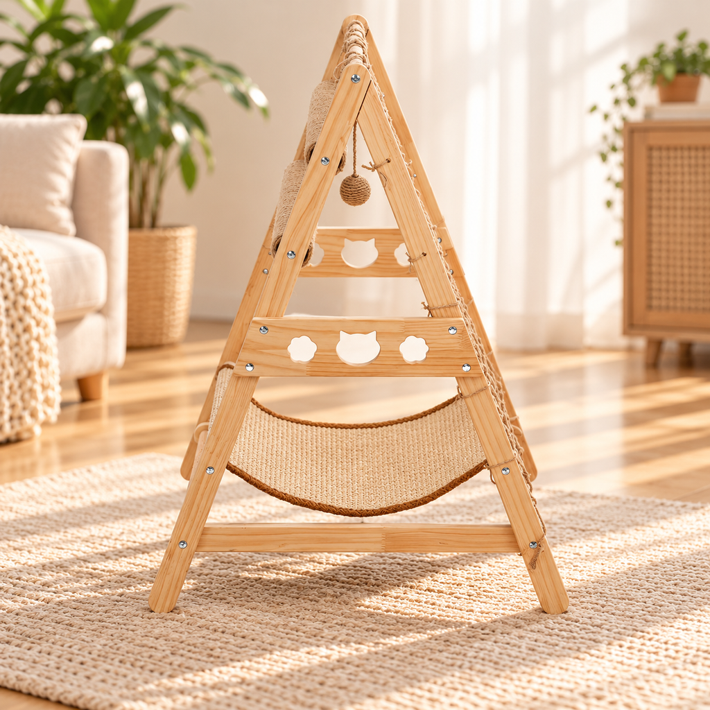 Wooden Triangle Cat Tower 85cm – Sisal Hammock & Rope Net - TillyPaw