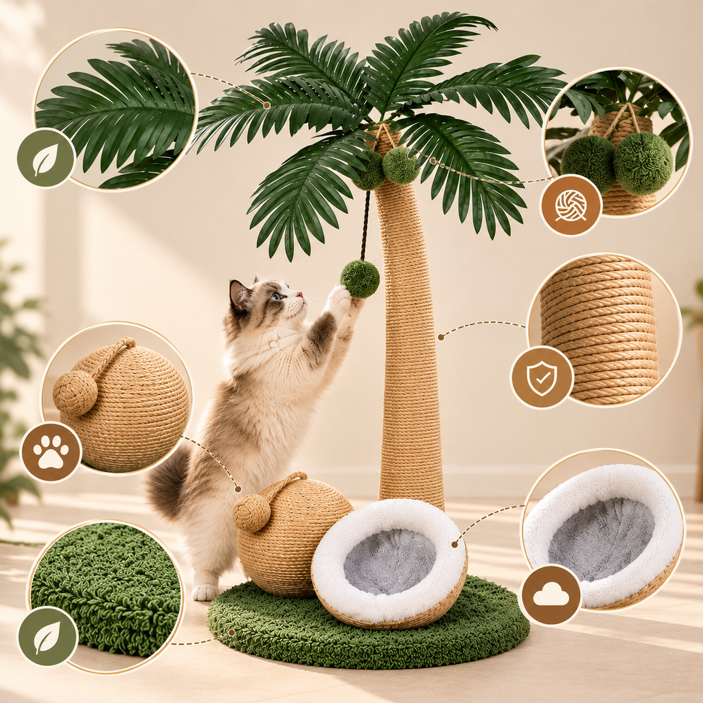Coconut Tree Cat Scratching Post – Wooden 72cm Scratcher - TillyPaw