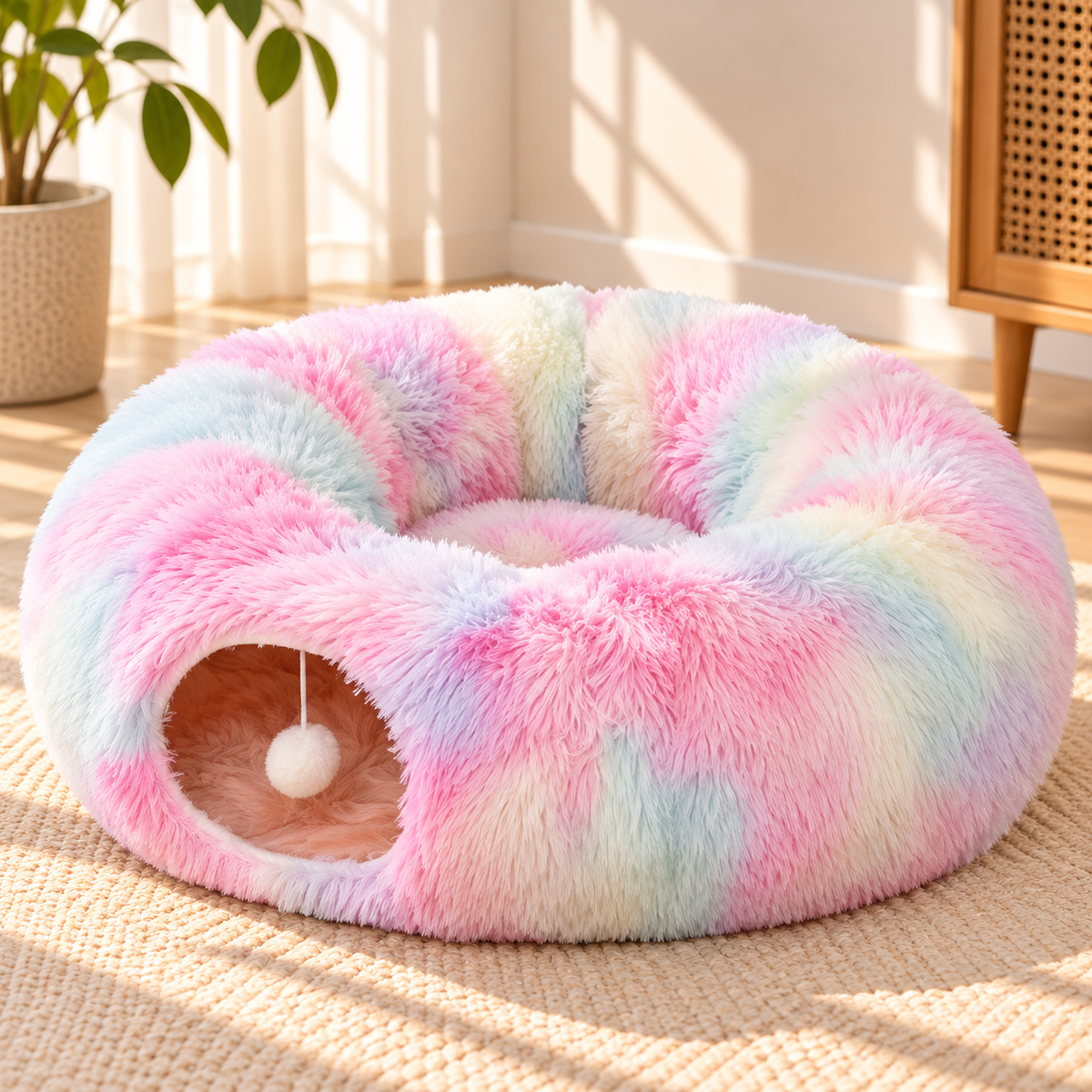 Cat Tunnel Bed – Plush Mat & Washable Bedding - TillyPaw