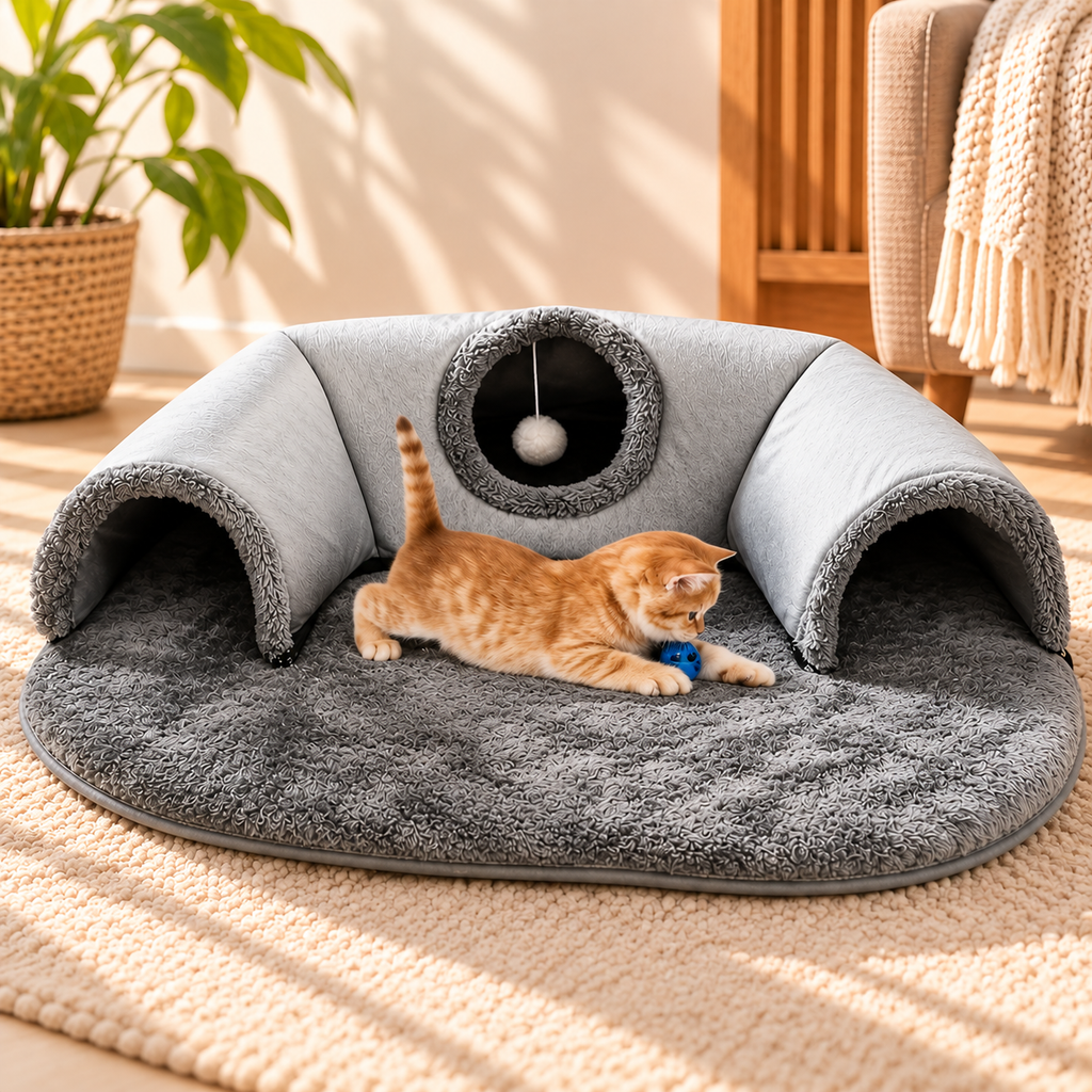 3-in-1 Cat Tunnel Bed – Play Mat & Cosy Nest - TillyPaw