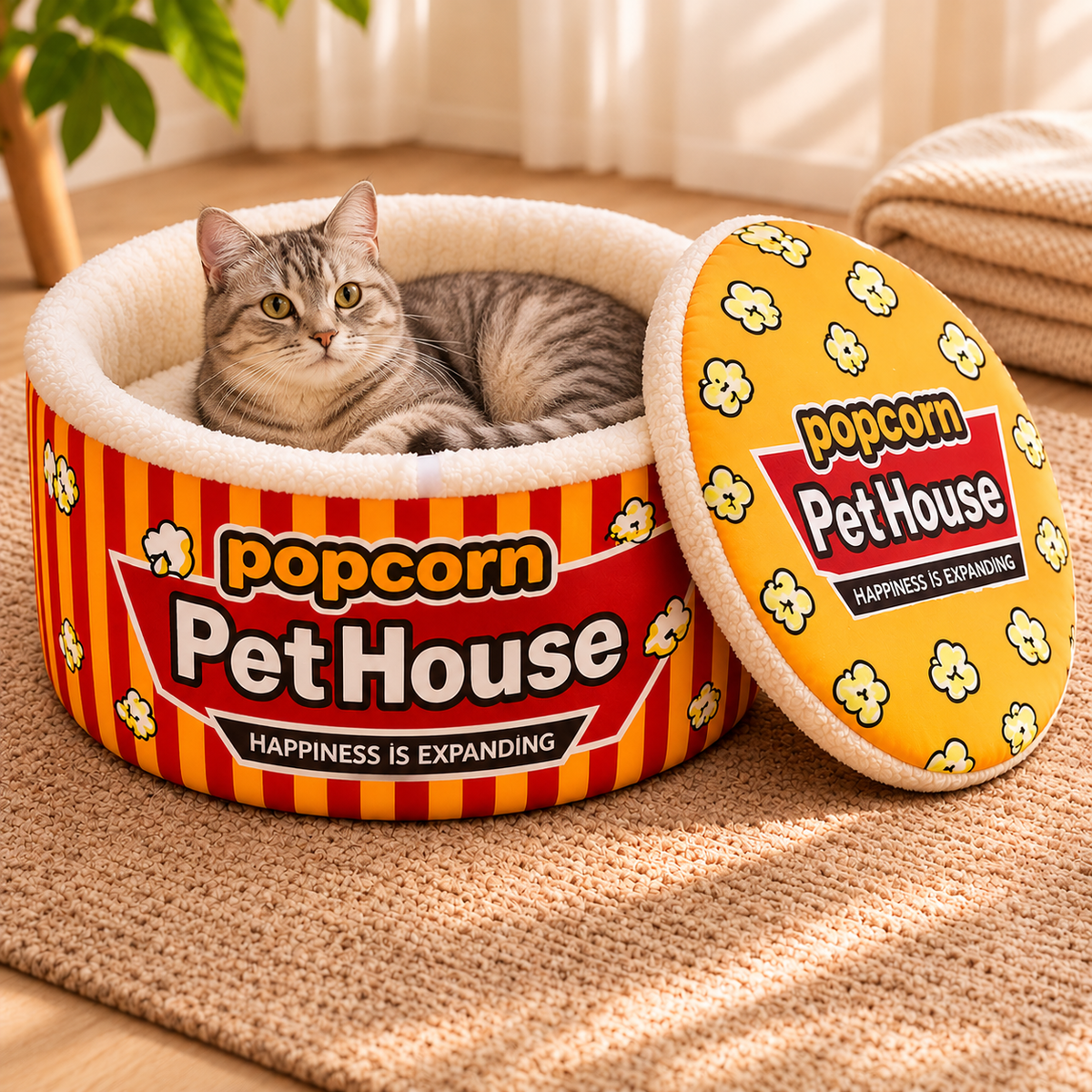 Red & White Snack Cup Pet Bed – Cosy Cat & Small Dog Nest with Lid Flap - TillyPaw
