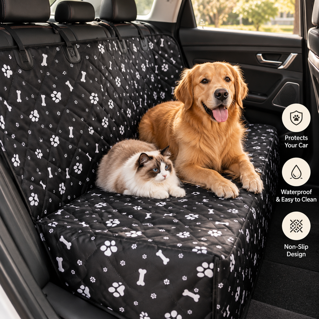 Dog Car Seat Cover – Black Paw Print Rear Seat Protector - TillyPaw