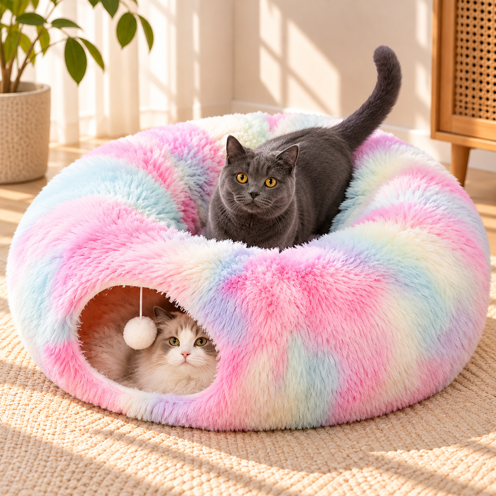 Cat Tunnel Bed – Plush Mat & Washable Bedding - TillyPaw