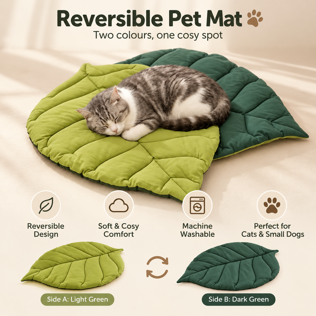Reversible Leaf-Shaped Cat Bed Mat – Soft Pet Sleeping Mat - TillyPaw