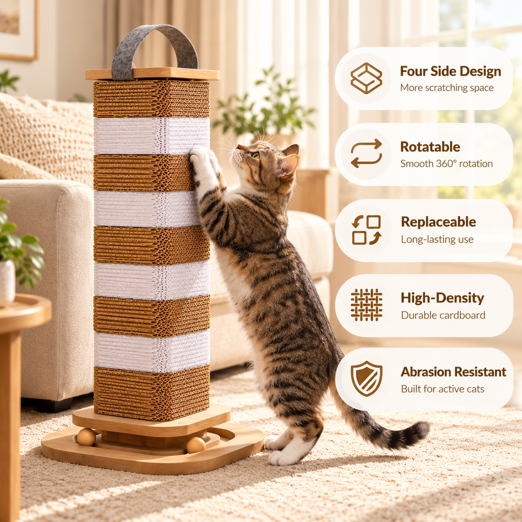 Rotating Cat Scratching Post 62cm – Cardboard & Sisal Tower - TillyPaw