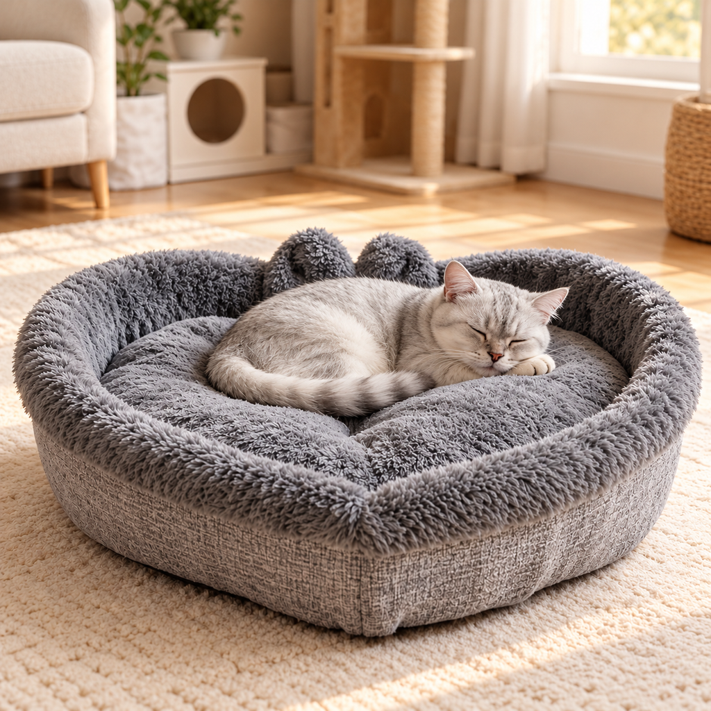 Heart-Shaped Cat Bed – Plush Grey Cat Nest - TillyPaw