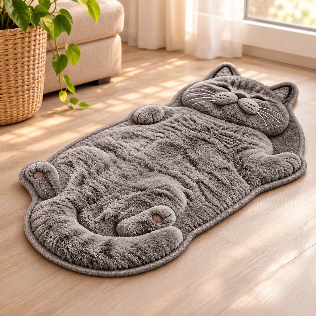 Cat Rug – Plush Cat-Shaped Floor Rug in Soft Grey - TillyPaw