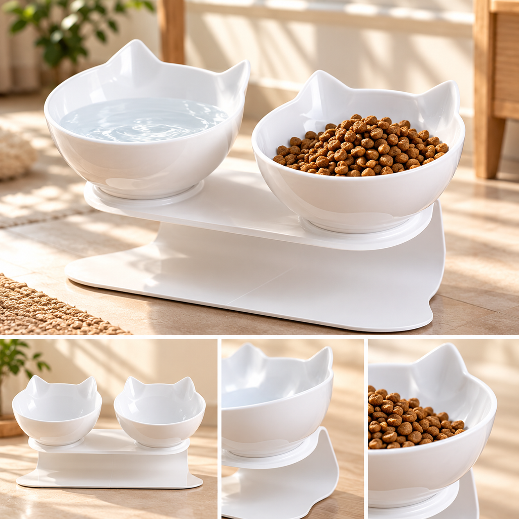 Raised Double Cat Bowl – Tilted Cat-Ear Feeding Bowls - TillyPaw