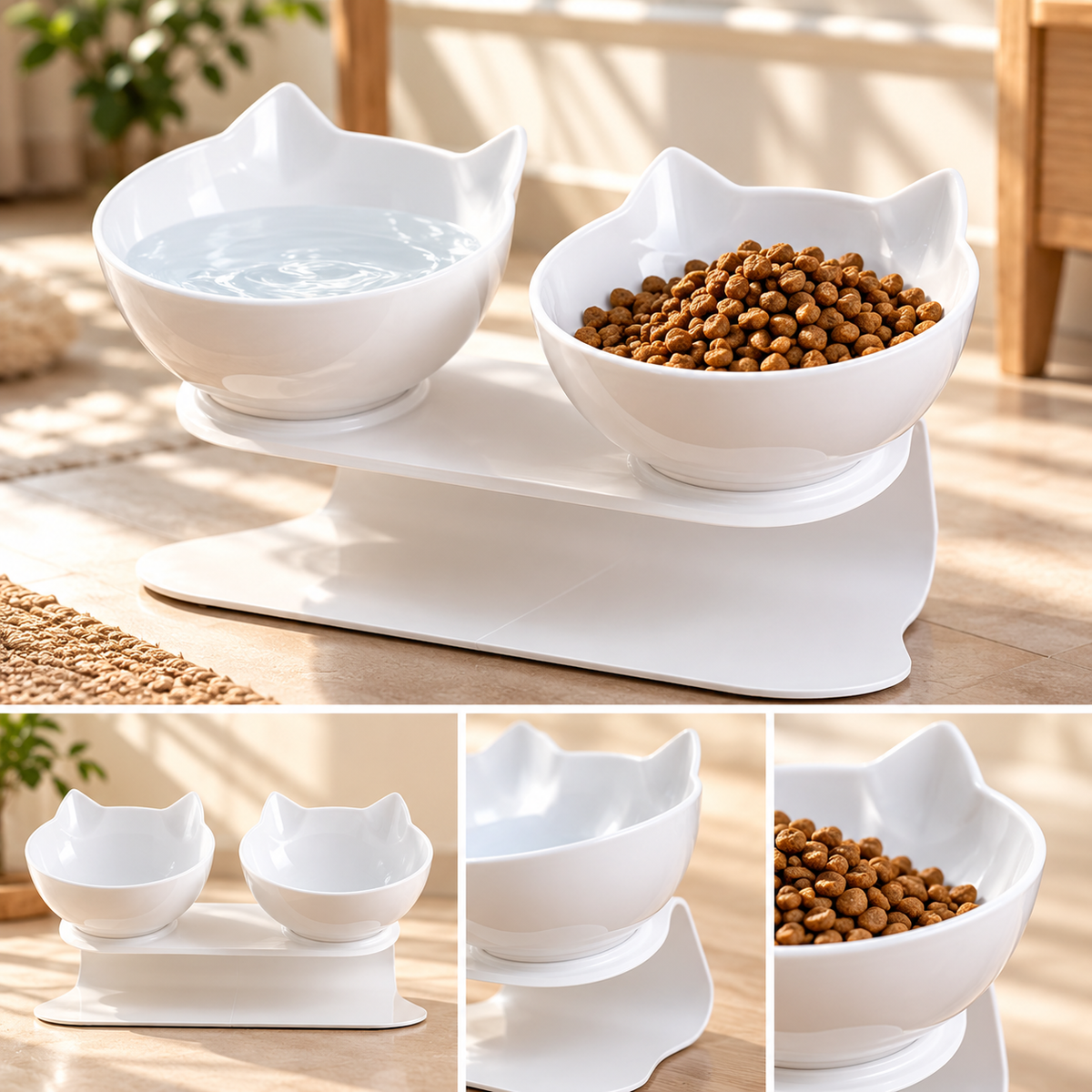 Raised Double Cat Bowl – Tilted Cat-Ear Feeding Bowls - TillyPaw