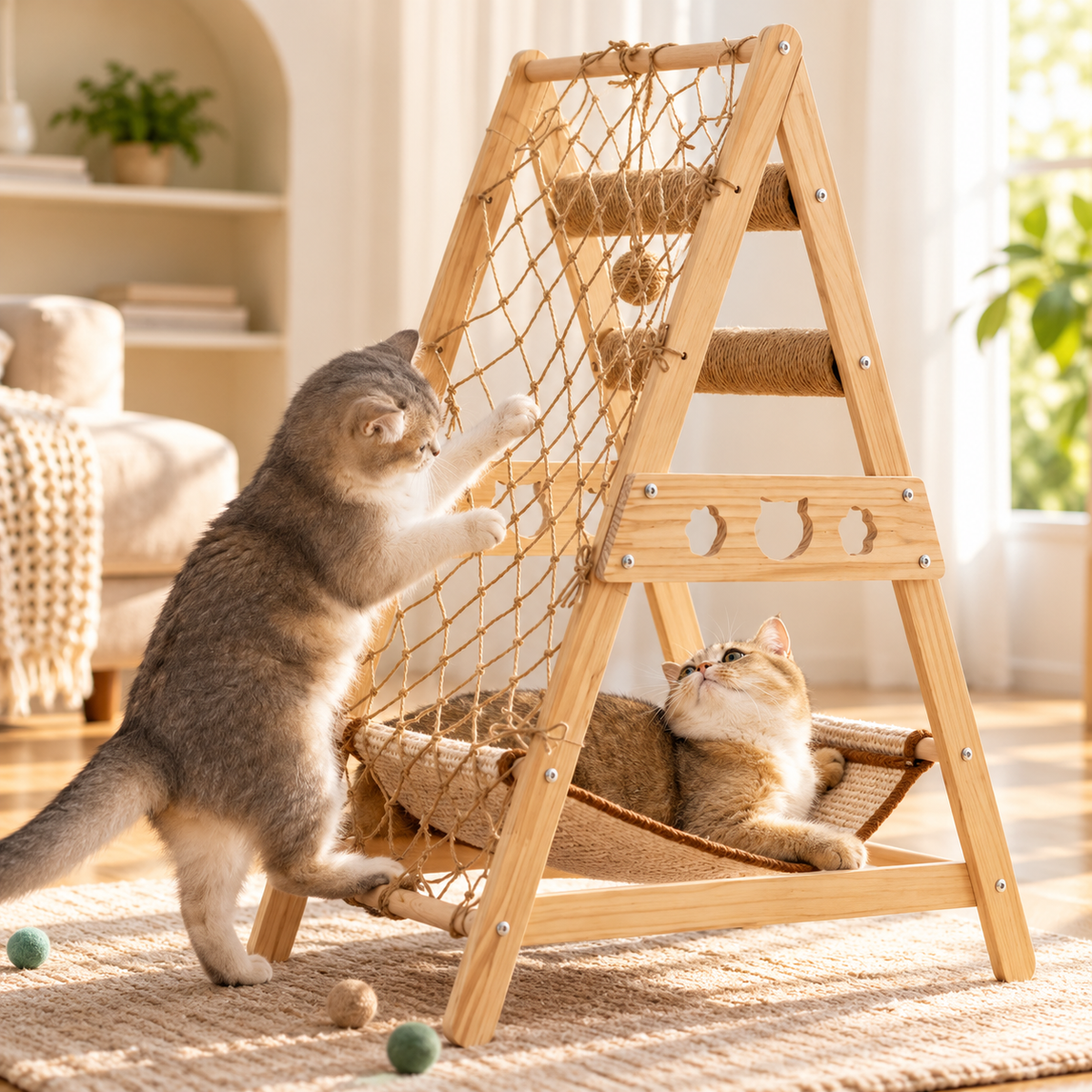 Wooden Triangle Cat Tower 85cm – Sisal Hammock & Rope Net - TillyPaw