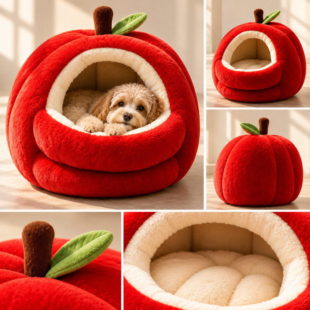 Apple Cat Bed – Plush Red Cave Bed for Cats & Small Dogs - TillyPaw
