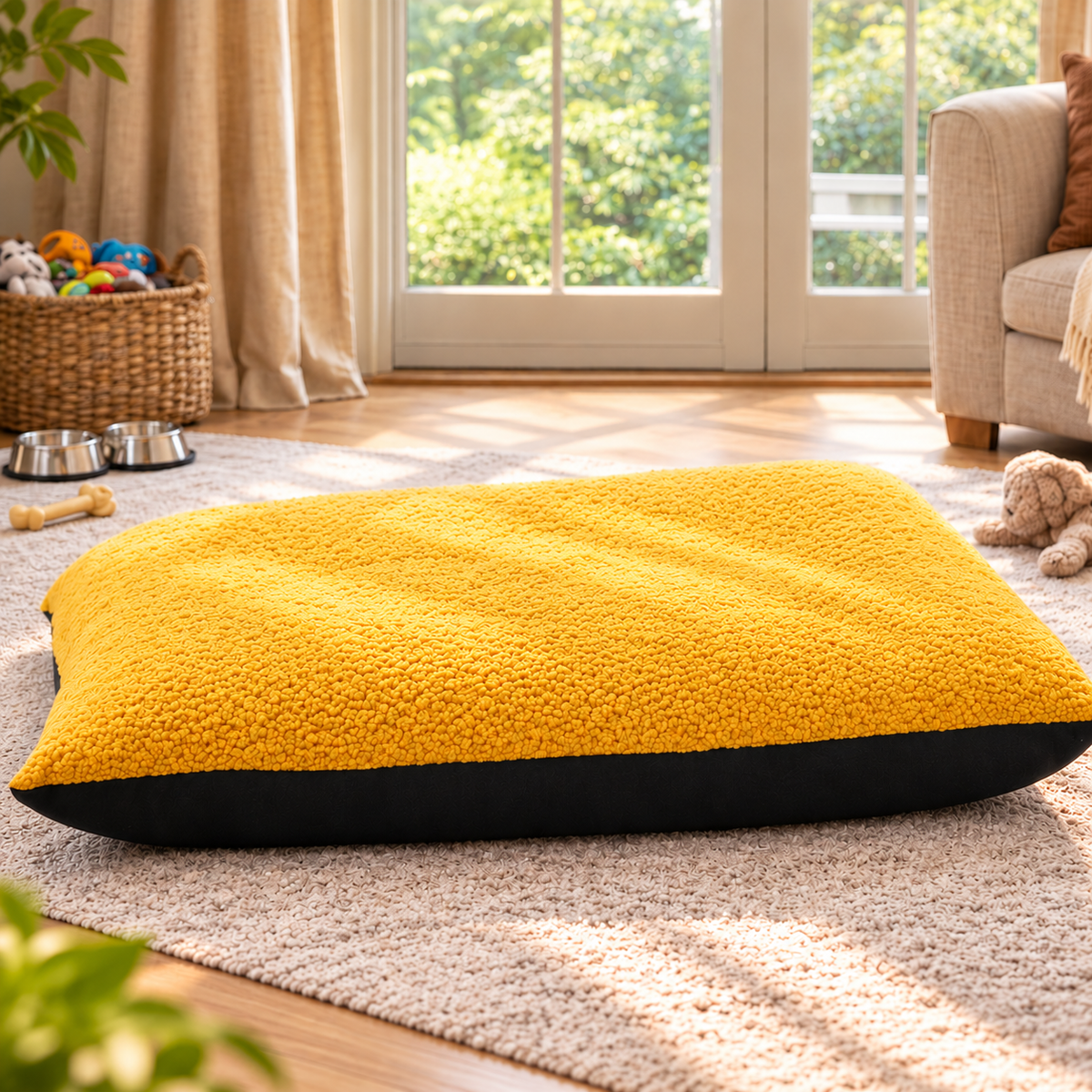 Dog Bed Cushion with Zip Cover – Mustard Fleece - TillyPaw