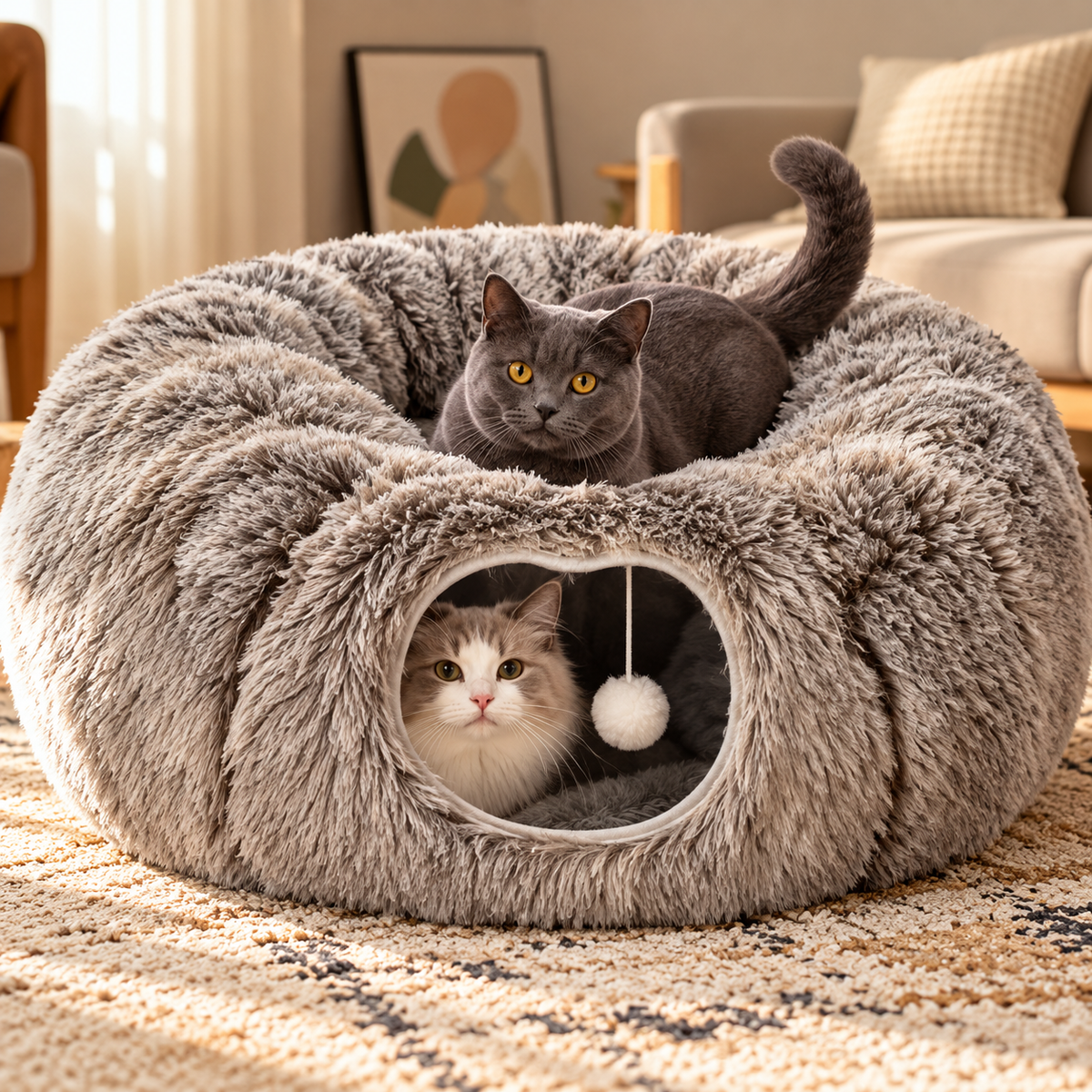 Cat Tunnel Bed – Plush Mat & Washable Bedding - TillyPaw