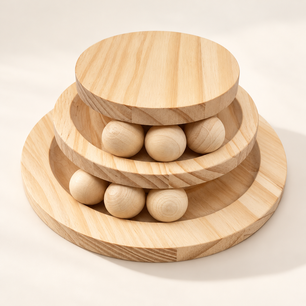 Wooden Cat Ball Track – Three-Layer Pine Turntable Cat Toy - TillyPaw